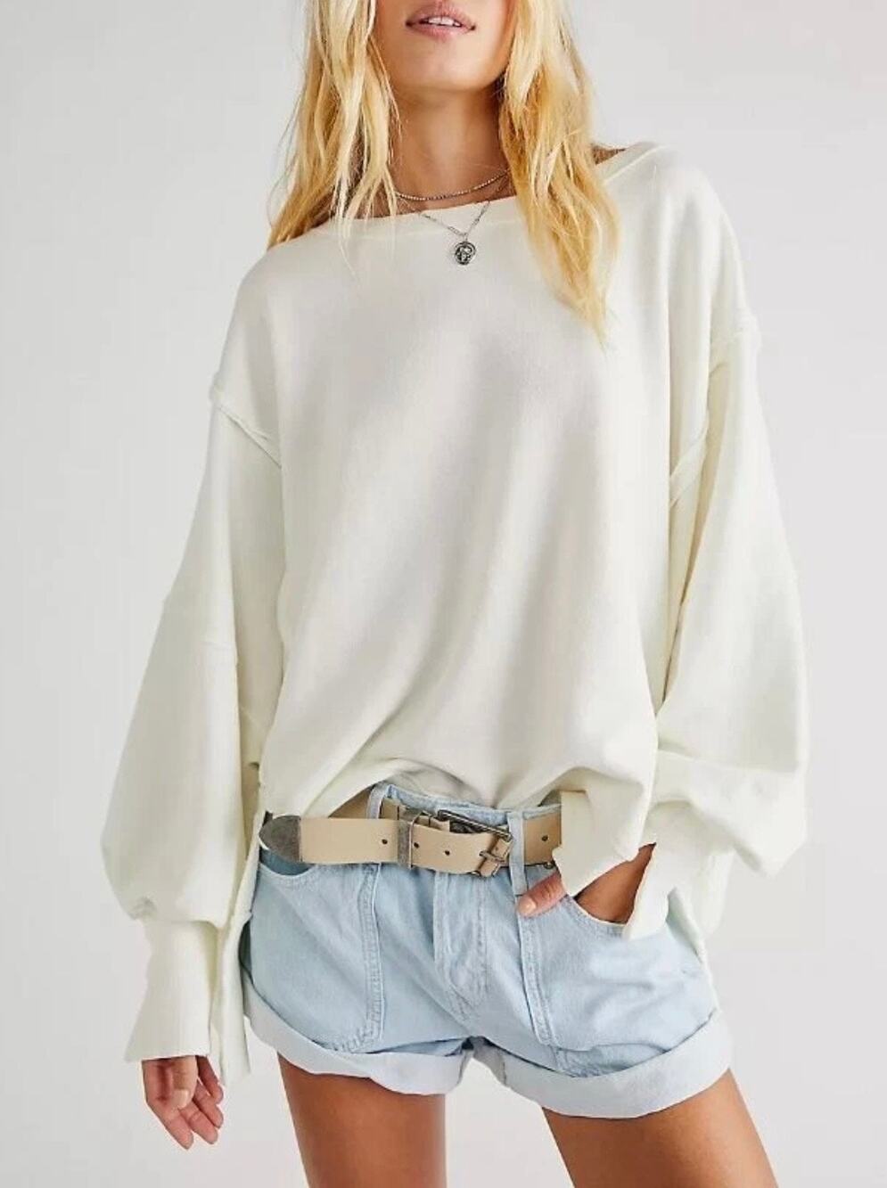 Free People-We The Free Sweatshirt/Camden-Sz M-White-Oversized-Fray edges-1190
